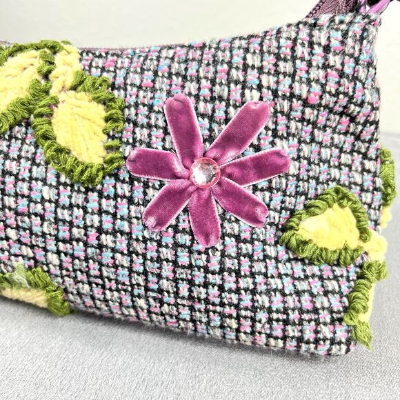 Vintage Womens Embroidered Rhinestone Velvet Floral Shoulder Bag Purse Boho - Picture 6 of 13
